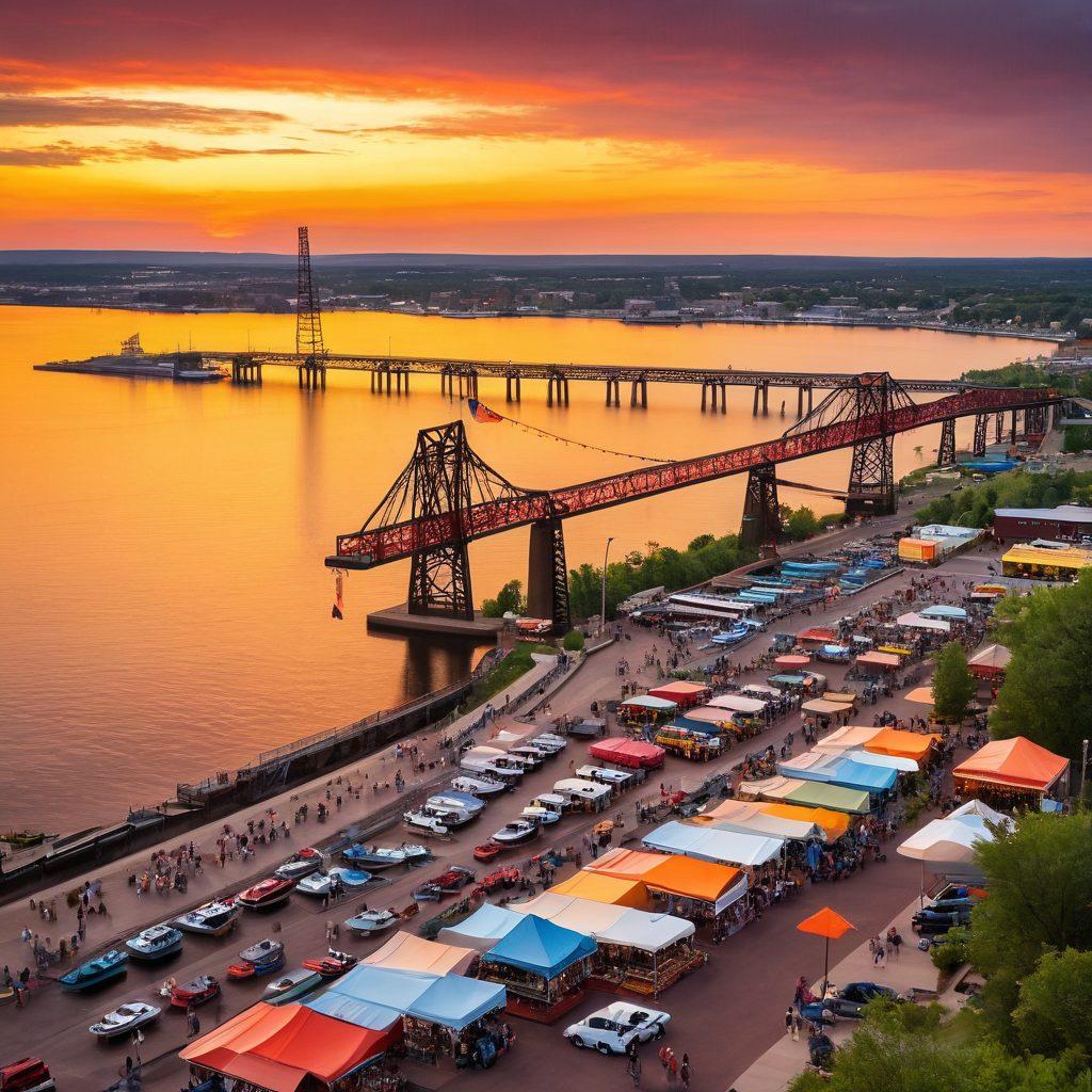 A vibrant sunset over the Duluth skyline, featuring the iconic Aerial Lift Bridge with boats sailing on Lake Superior. The foreground includes locals enjoying a cultural festival with food stalls and music musicians creating a lively atmosphere. Colorful banners and diverse people interacting reflect the rich culture and lifestyle of Duluth. super-realistic. vibrant colors. warm tones.