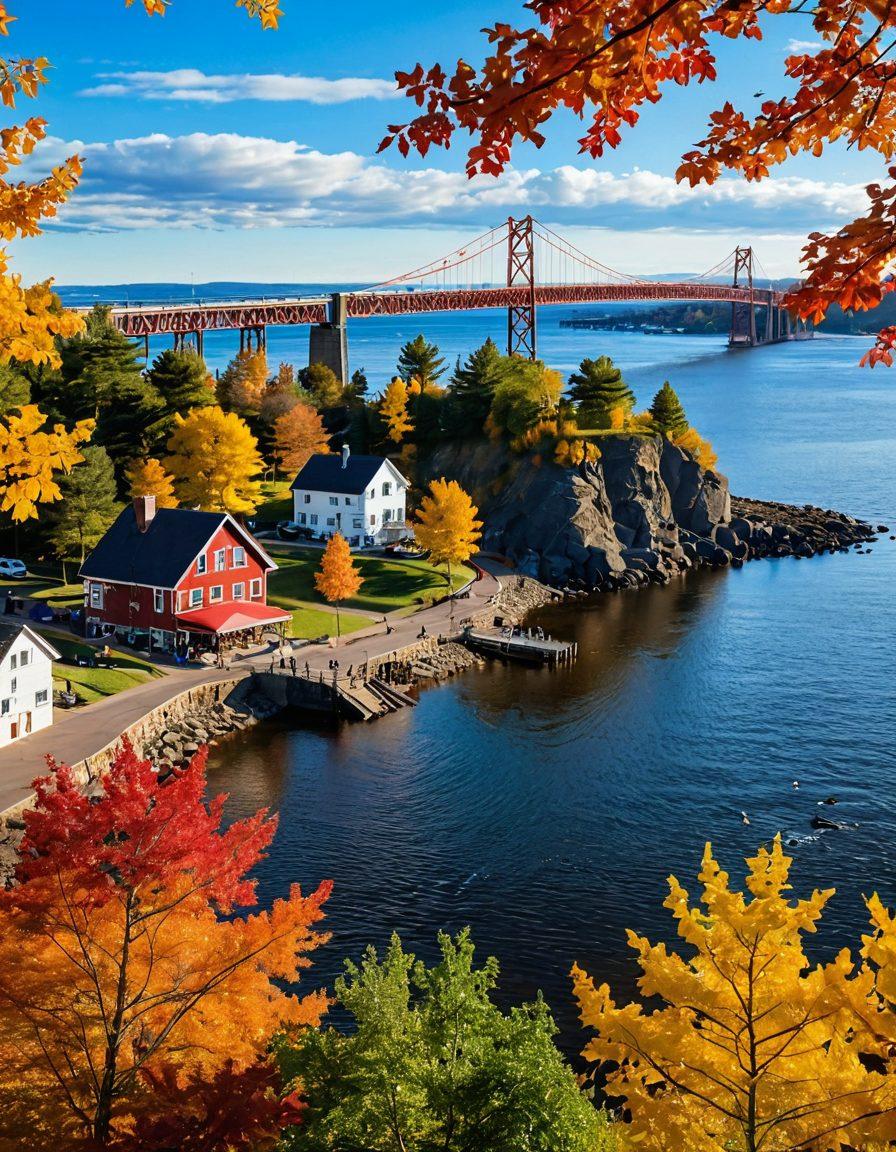 A picturesque view of Duluth's stunning lakefront, showcasing the vibrant colors of autumn foliage, with locals enjoying a lively outdoor festival filled with food stalls and music. Include iconic landmarks like the Aerial Lift Bridge and charming houses on the hillside, all bathed in warm sunlight. Add playful elements like people smiling and engaging in activities, evoking a sense of joy and community. super-realistic. vibrant colors. 3D.