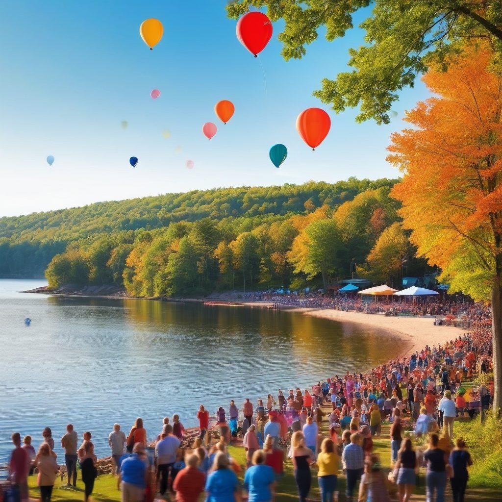 A vibrant scene showcasing a diverse group of people of all ages joyfully participating in a local festival in Duluth, Minnesota. The backdrop features the stunning Lake Superior with its shimmering waters, colorful balloons, and festive decorations. Include delicious food stalls, live music performances, and smiling faces capturing the essence of community spirit. Sunlight filters through the trees, creating a warm and inviting atmosphere. realistic illustration. vibrant colors. summer setting.